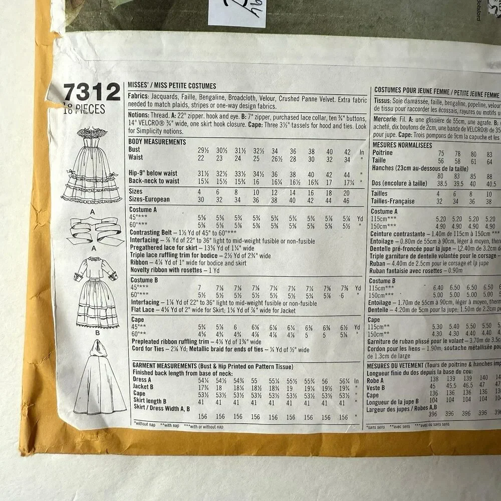 Simplicity 7312 Victorian Dress Hooded Cloak Cosplay Reenactment Pattern 10-14